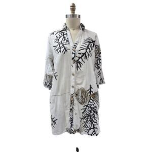 CZ Cover-Ups /Dress 100% Cotton Button Down Brown /White Coral Fish Print Sz S